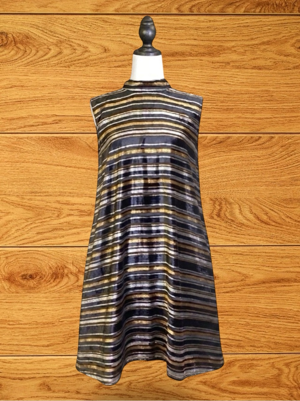ModCloth Shift Dress Black Gold Silver Metallic Striped Velvet Retro Mod XL NWT